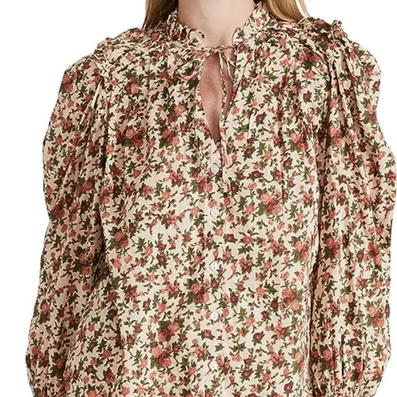 Free People Top XS Floral Orange Green Puff Sleeve Cotton Boho Blouse Women's - Picture 2 of 15